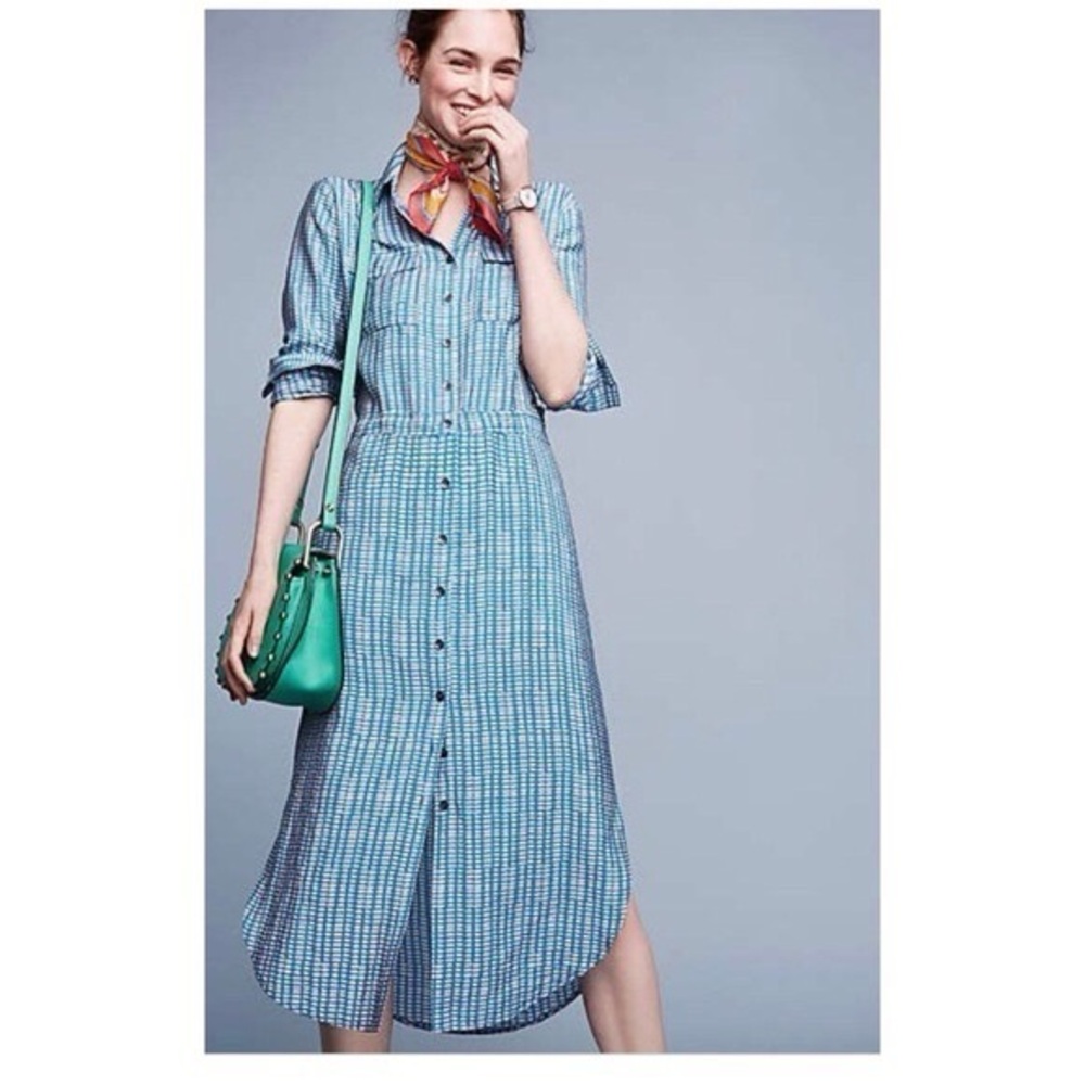Maeve Blue Checkered Button-Front Midi Dress